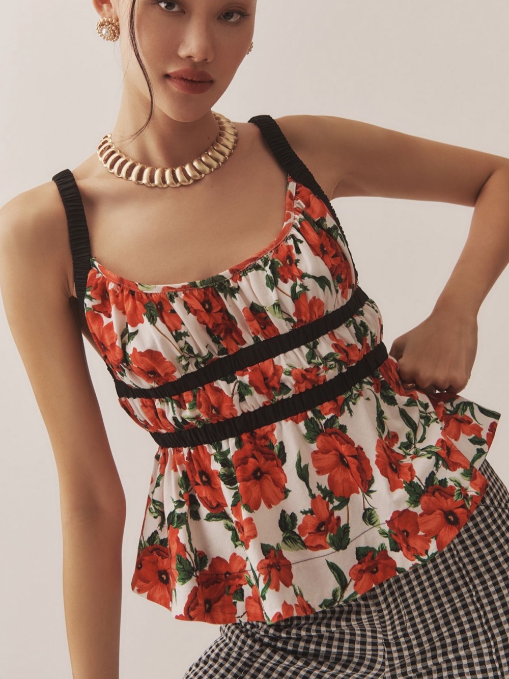 Anthropologie Maeve Ditali Open-Back Tank Floral Red Poppy Sz S